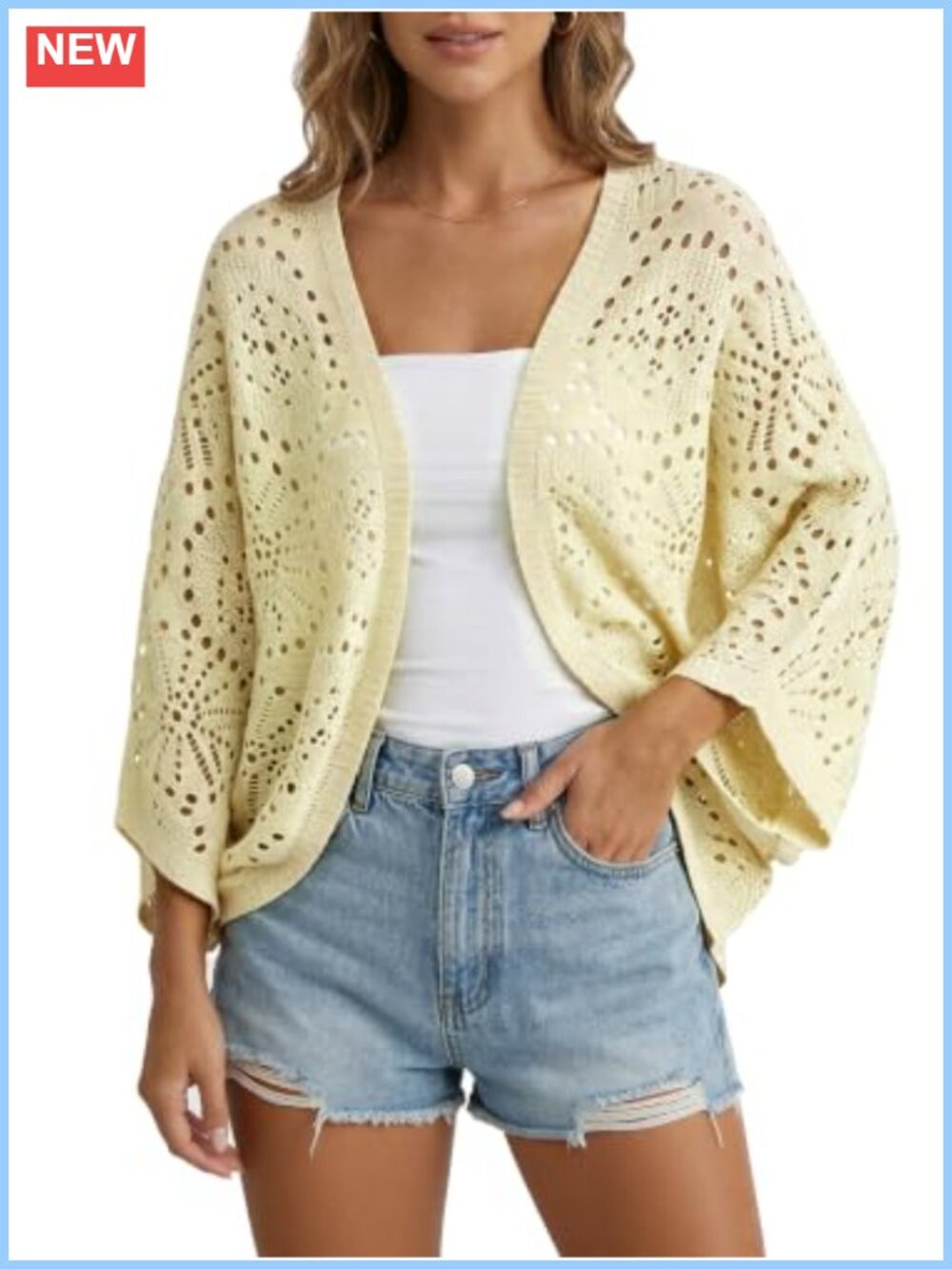 Womens Crochet Cardigan Lightweight Open Front 3/4 Sleeve Cover Up